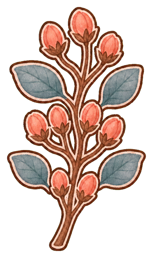 Peach-colored budding spring branch with blue-green leaves on a transparent background