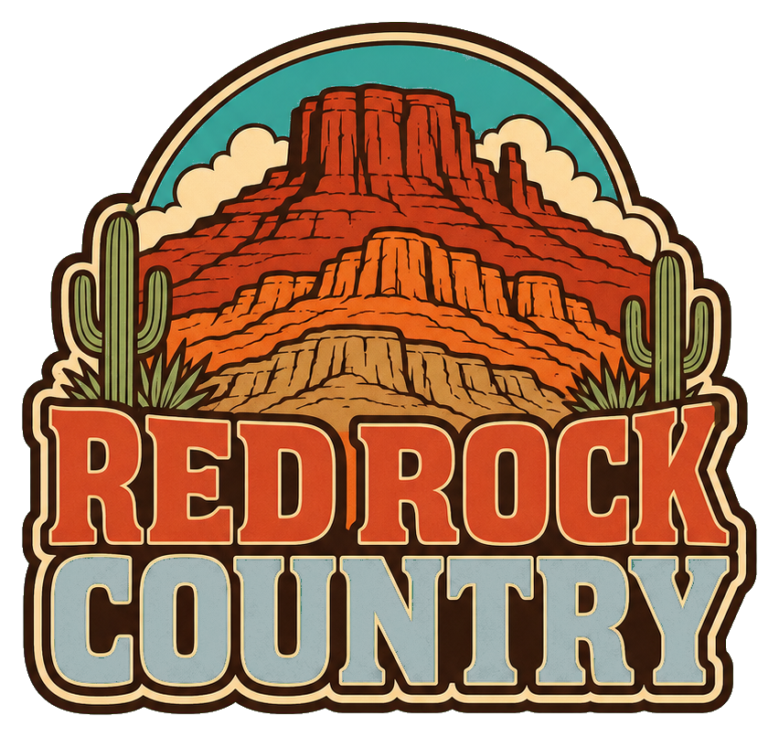 Retro Red Rock Country text sticker with mesas and cacti in warm desert colors.