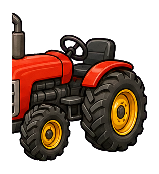 Small red tractor with black tires and yellow wheel hubs as a sticker graphic