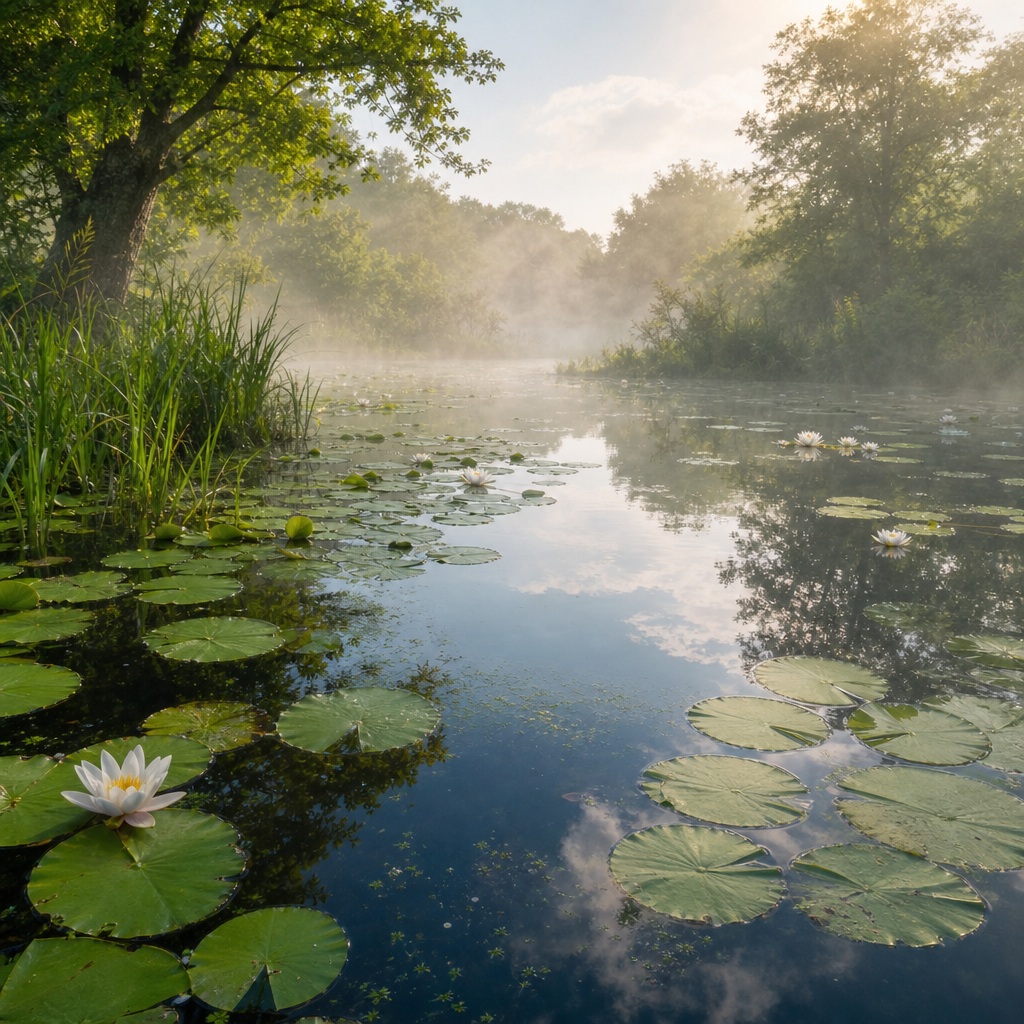 Misty wetland with lily pads, green water, and soft fog over marsh plants