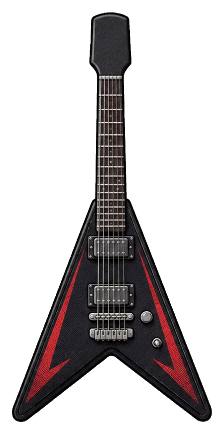 Black V electric guitar with red accents and chrome hardware