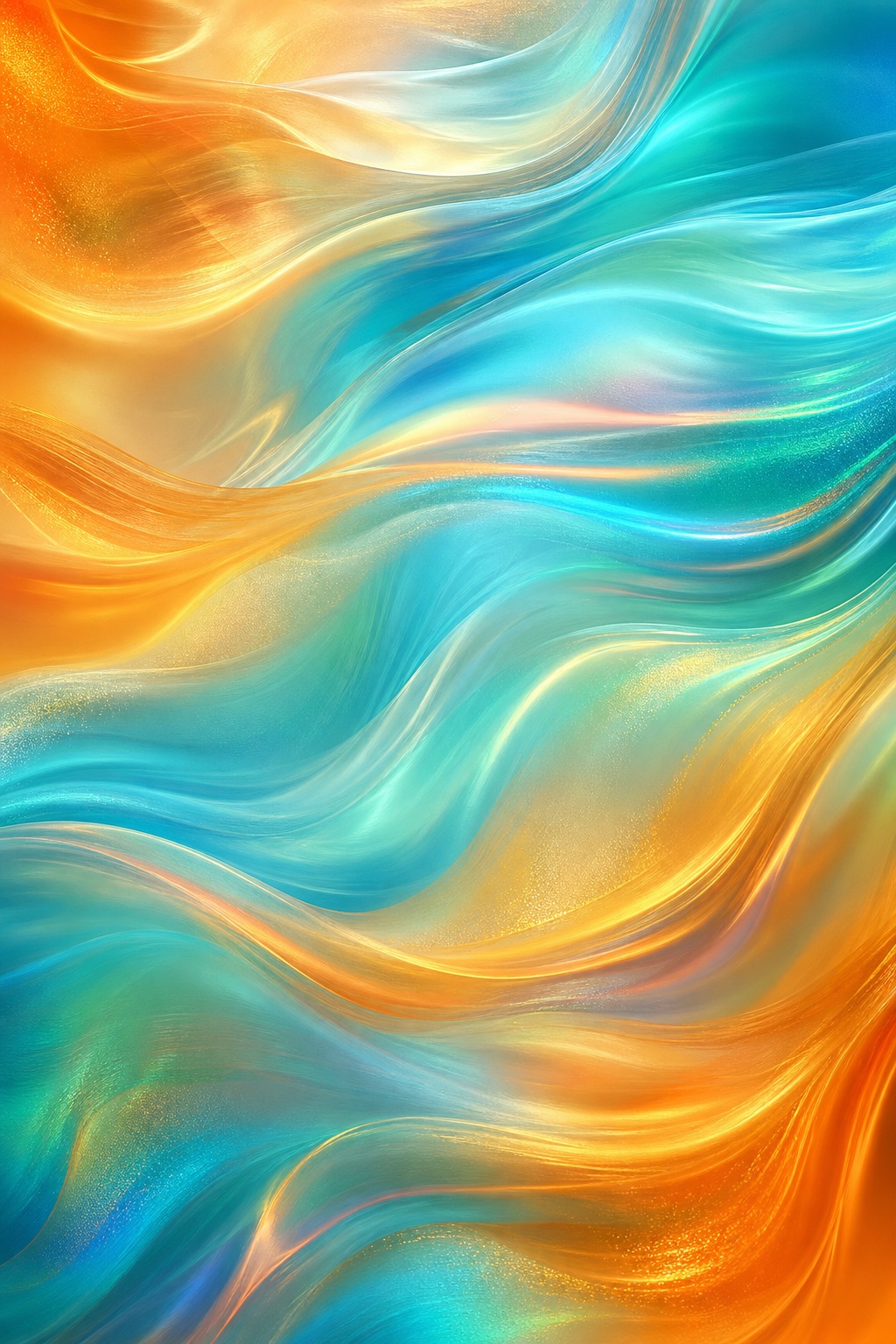 Abstract aqua and amber holographic mesh gradient with flowing iridescent waves