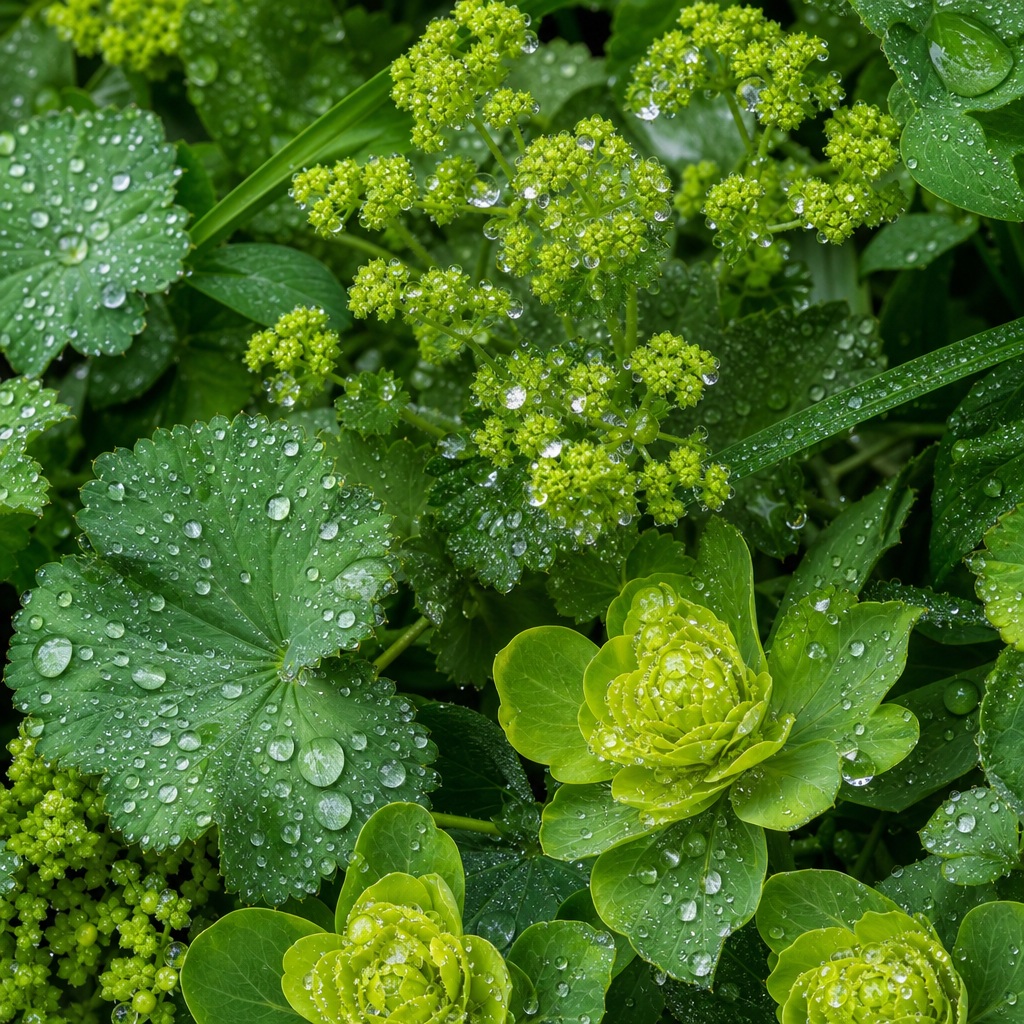 Close-up of wet green leaves covered in rain droplets and dew