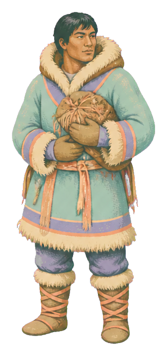 A prehistoric traveler in a fur-trimmed coat holding a bundle and standing in boots.