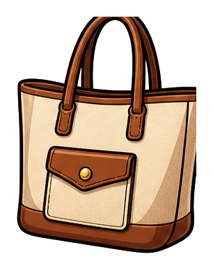 Illustrated beige and brown tote bag with long handles and front pocket