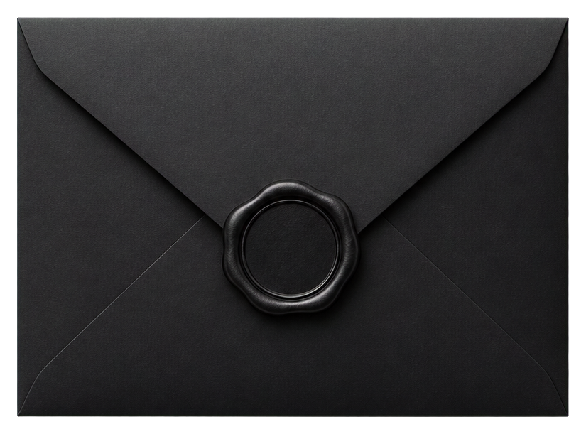 Black envelope with a circular seal on the front.