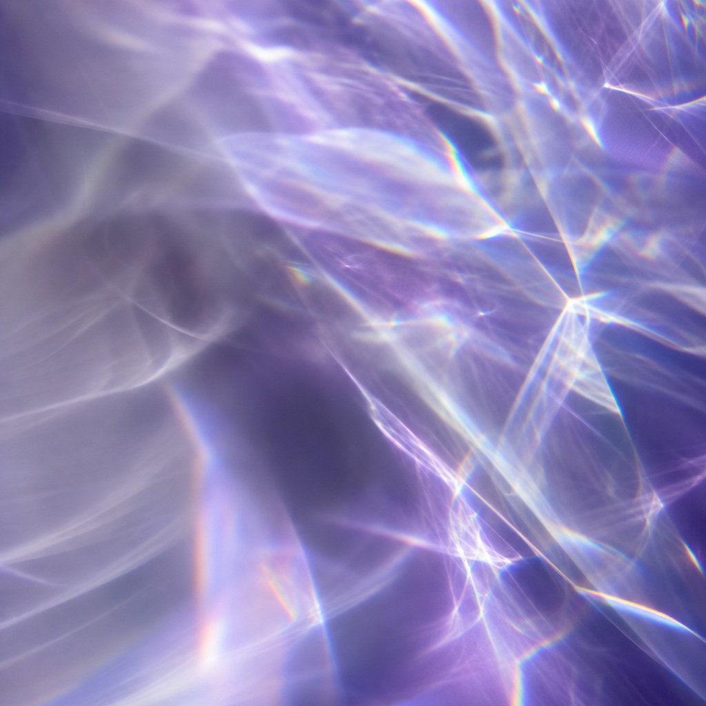 Abstract purple and white glass refraction with soft light streaks and shadows