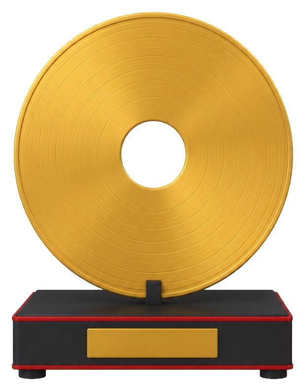 Gold record displayed on a small black and red stand