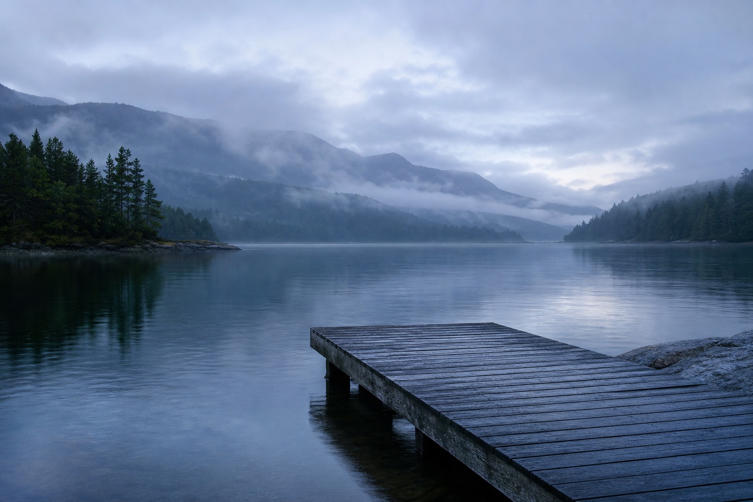 Wooden dock extending into a misty lake with mountains and low clouds in the distance.