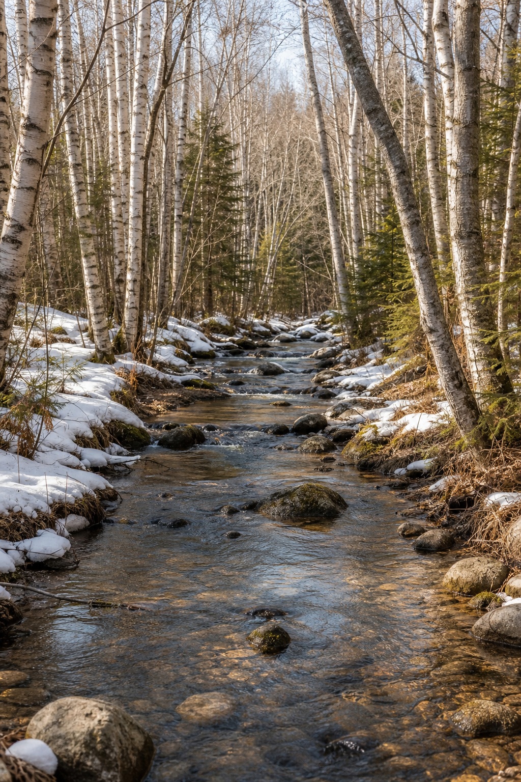 Birch trees line a shallow creek with snow along the banks in daylight.
