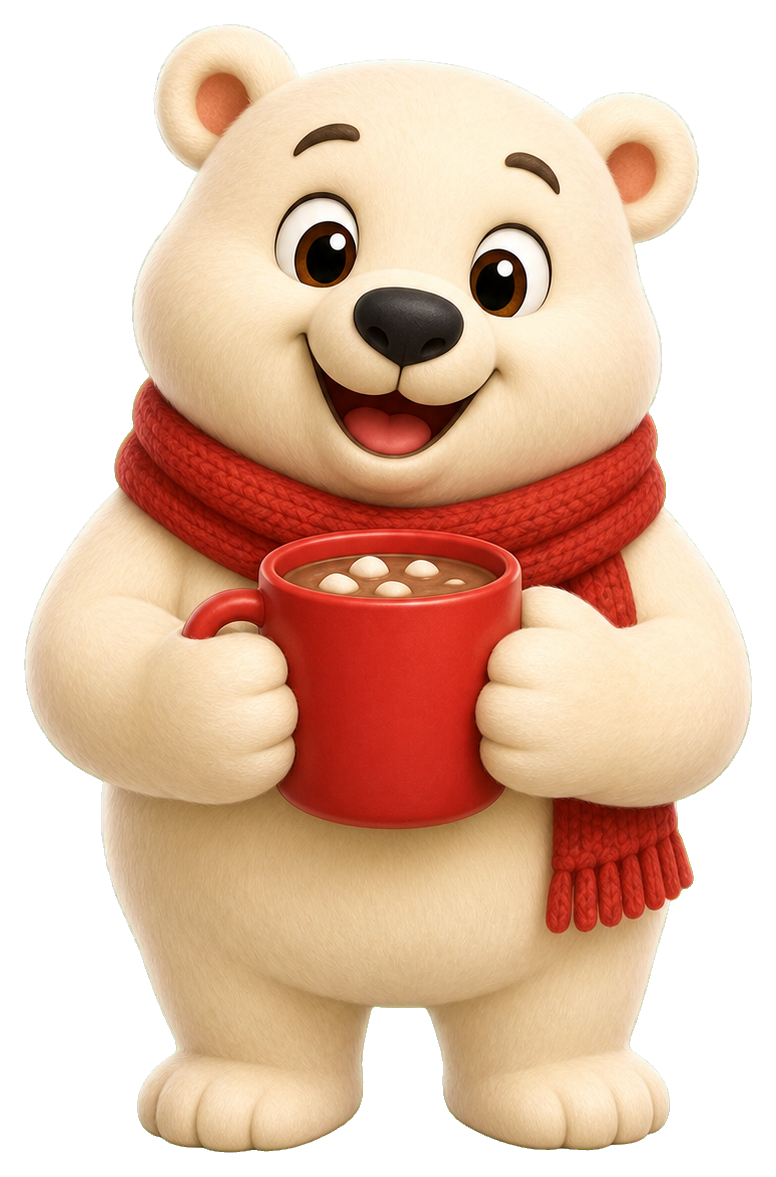 Cute polar bear mascot holding a red mug of cocoa and wearing a red scarf.