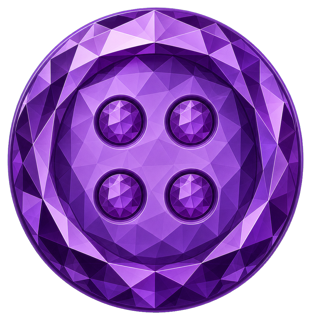Faceted purple jewel button with four small inset circles