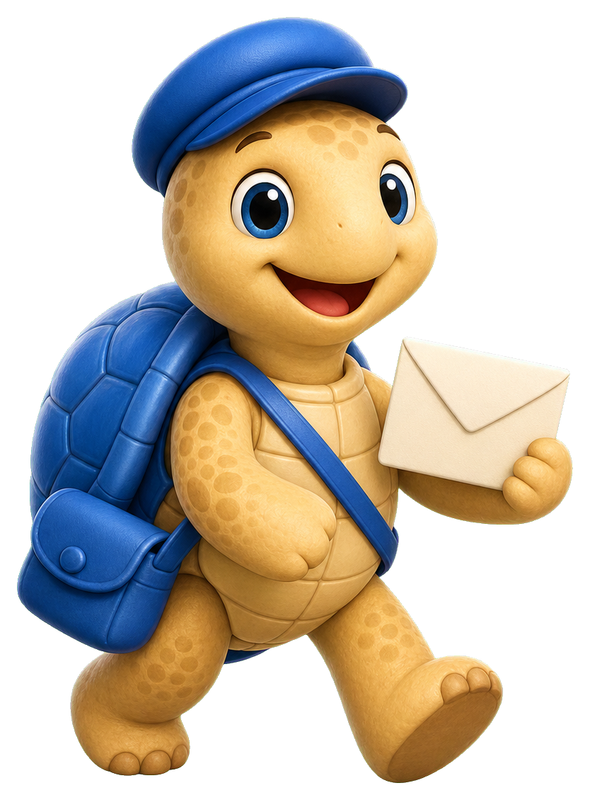 Cute turtle mascot wearing a blue cap and backpack while holding an envelope.