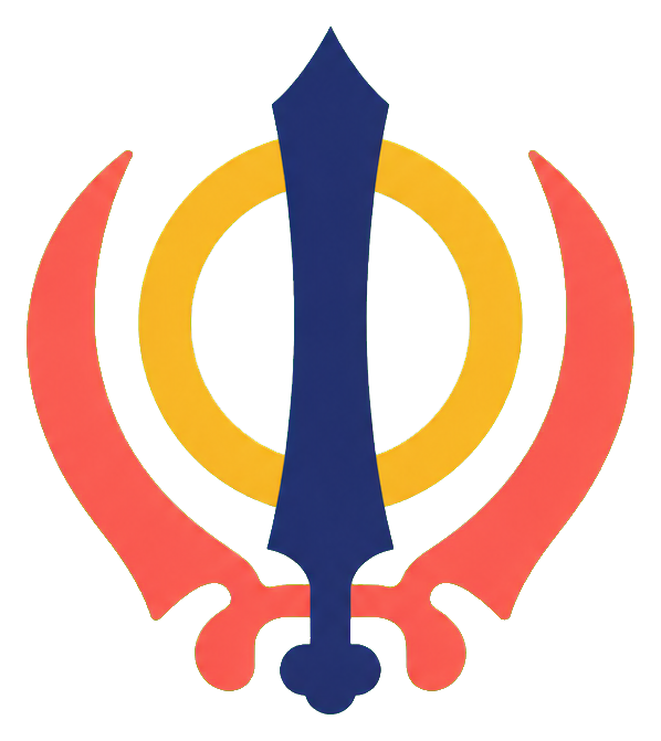 Layered khanda symbol with blue center sword and yellow and red circular shapes