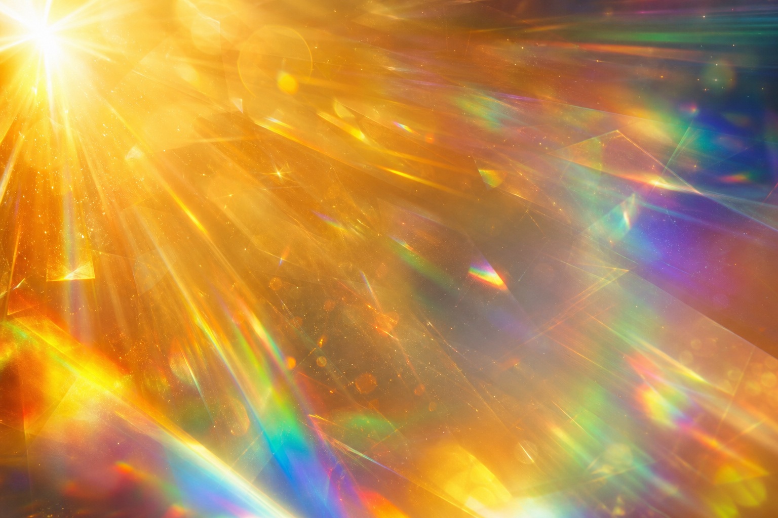 Colorful prismatic light rays and rainbow glow across a bright abstract background