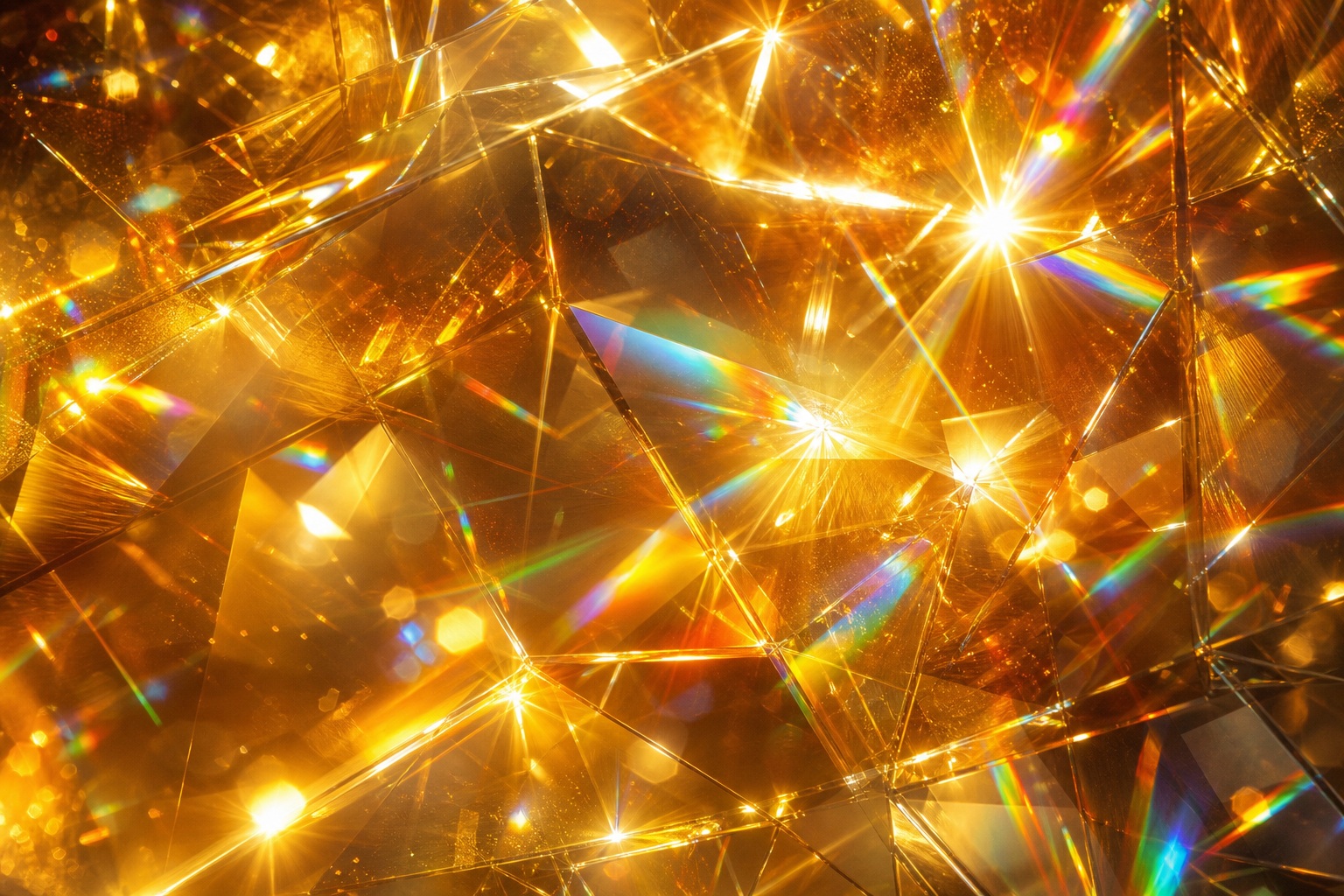 Golden prism light reflections with rainbow caustics and glowing abstract streaks
