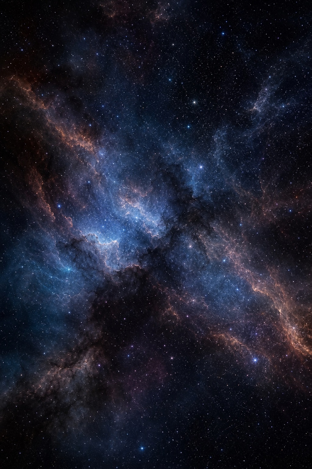 Dark blue and black star field with glowing cosmic speckles and nebula-like clouds