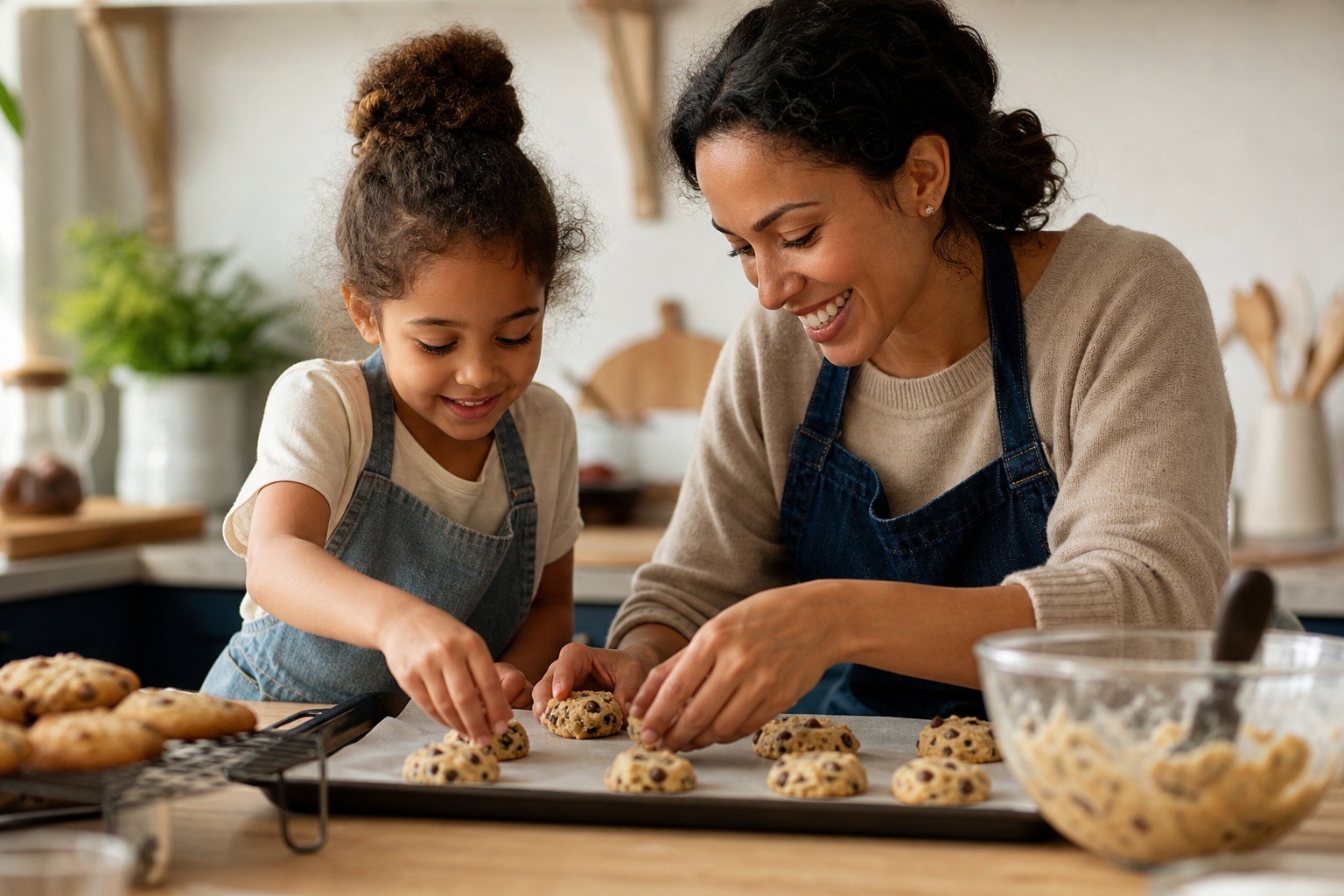 Adult and child baking cookies together in a bright home kitchen