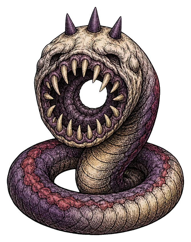 Coiled serpent with a wide open circular maw lined with sharp teeth