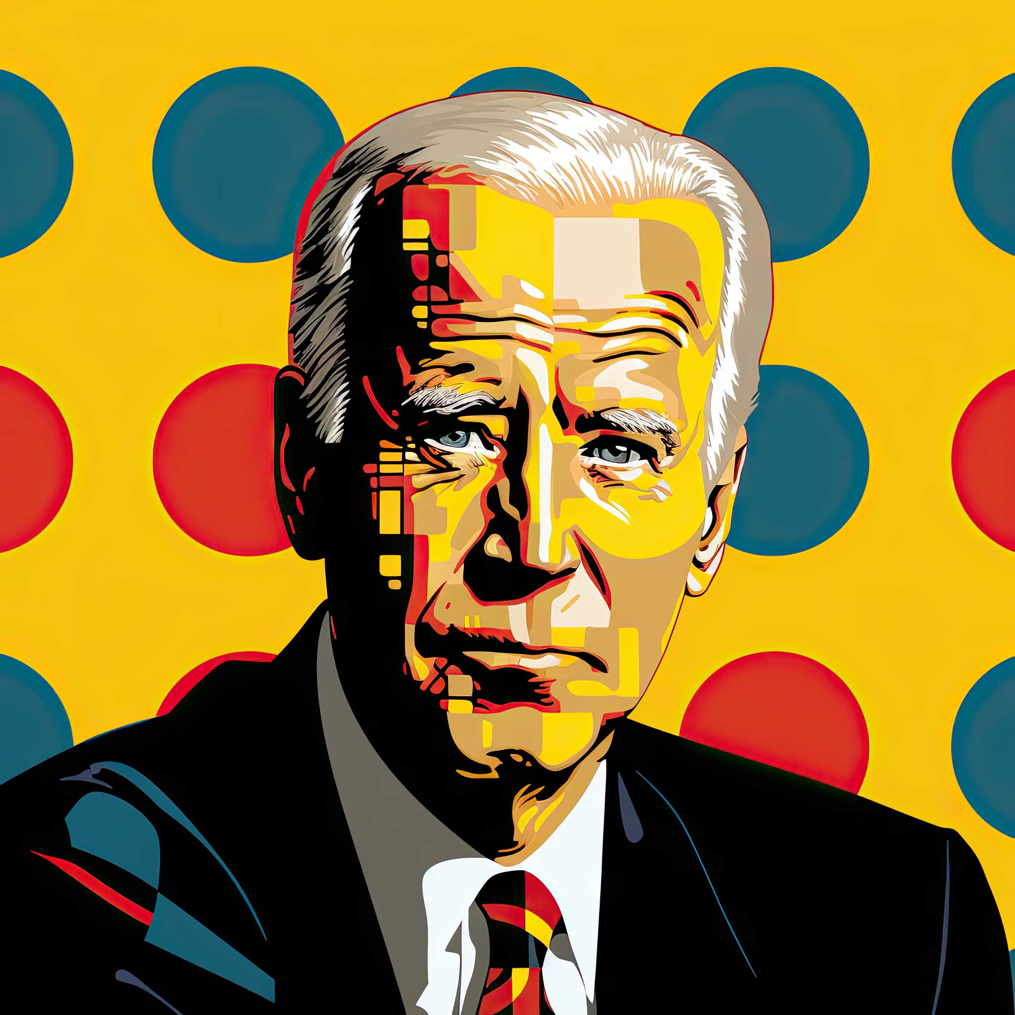 Pop art portrait of Joe Biden against a bright polka dot background.