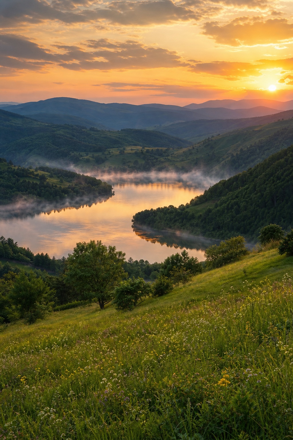 Warm sunset over a misty lake valley with rolling green hills and distant mountains