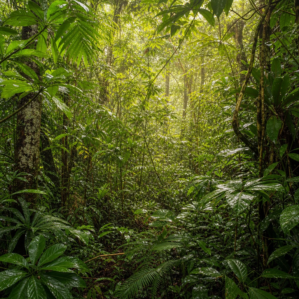 Lush rainforest canopy with layered green leaves and sunlight filtering through after rain.