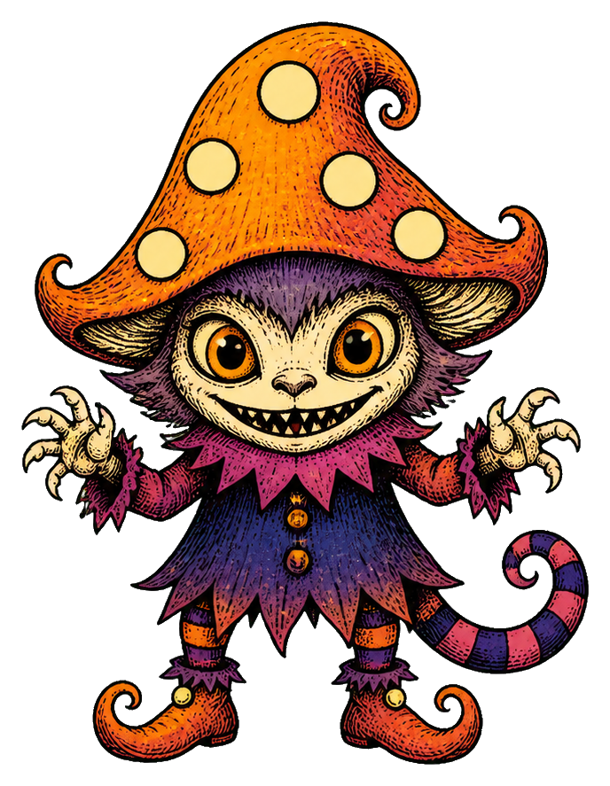 Cute scary monster wearing a spotted toadstool hat and a ruffled outfit.