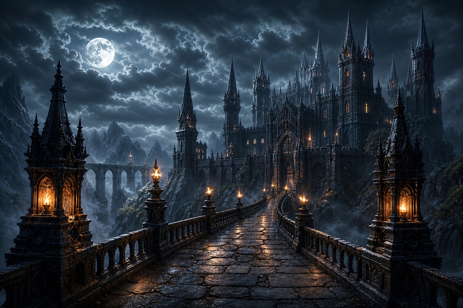 Moonlit gothic castle with a stormy sky and a glowing stone bridge
