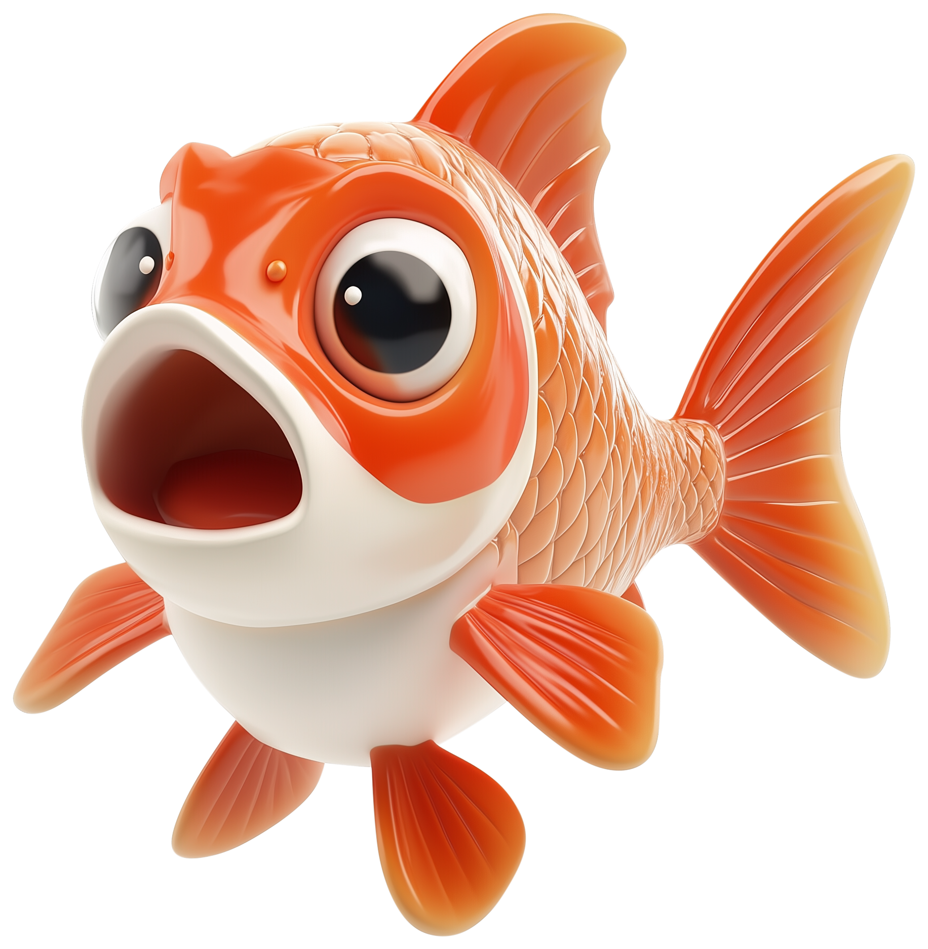Cute 3D cartoon gold fish sticker with open mouth and orange fins