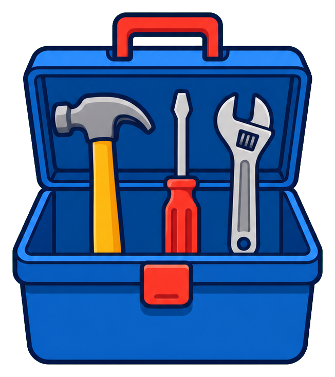 Open blue toolbox with a hammer, screwdriver, and wrench inside