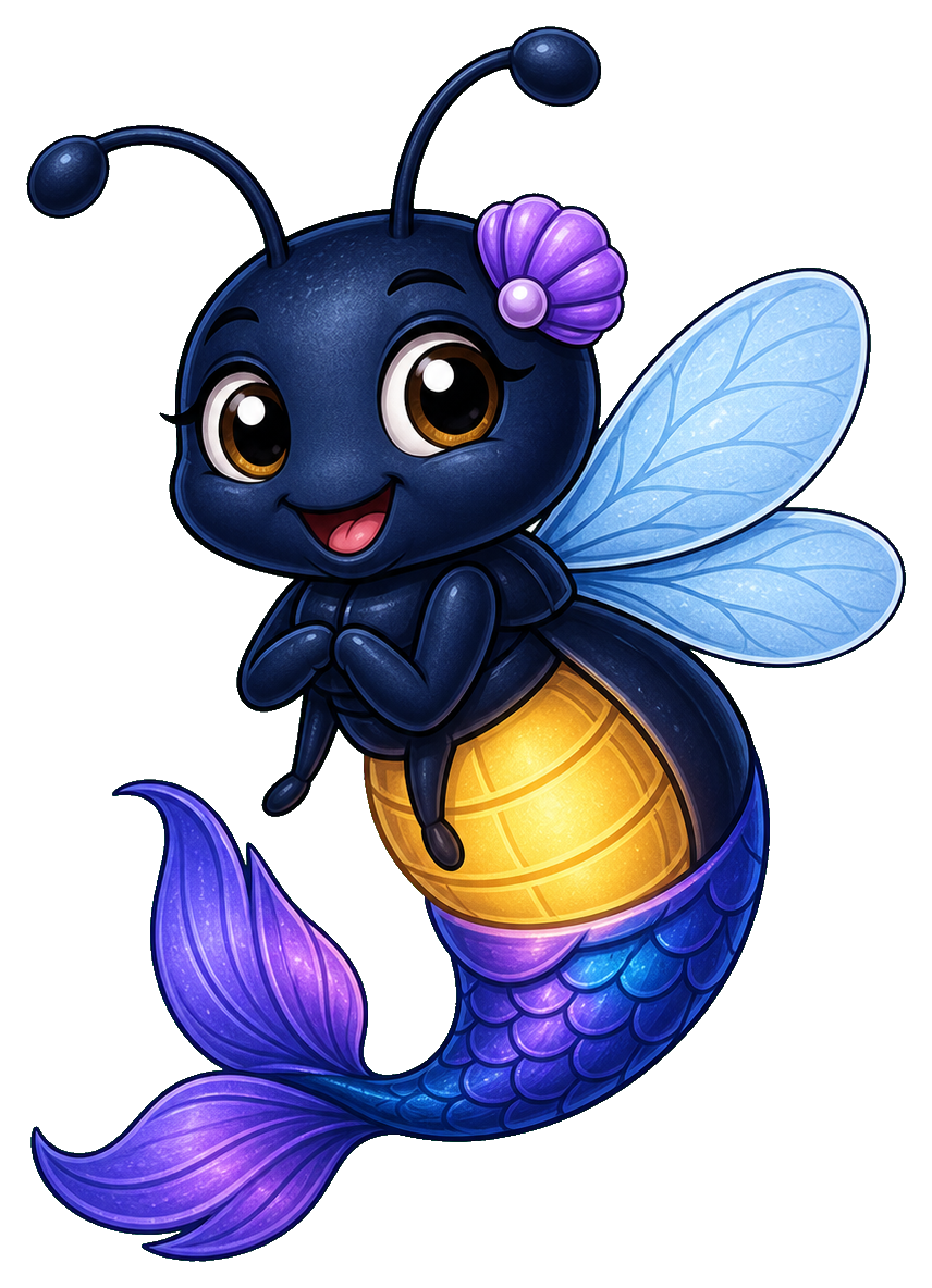 Cute cartoon firefly with a mermaid tail, blue wings, and a glowing bulbous body.