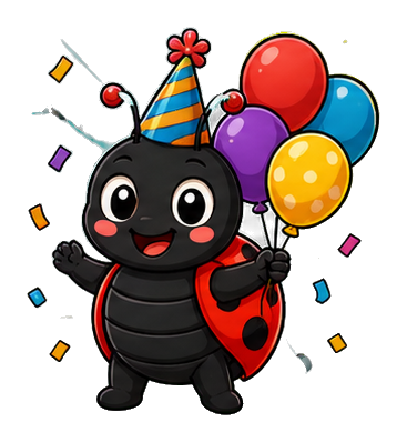 Cute ladybug wearing a party hat and holding colorful balloons.
