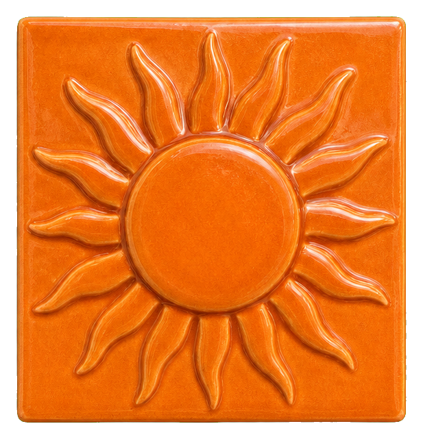 Orange embossed square tile with a raised sun design and radiating rays