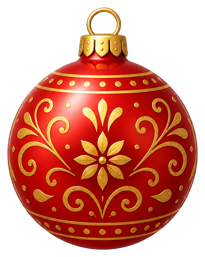 Red round Christmas ornament with gold floral details and a hanging cap