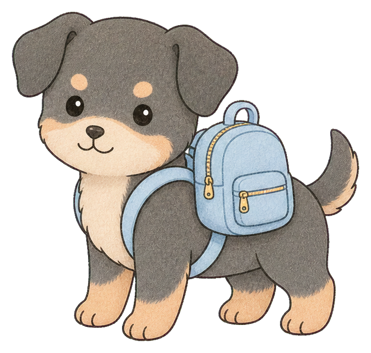 Cute cartoon puppy wearing a blue backpack and standing in profile.