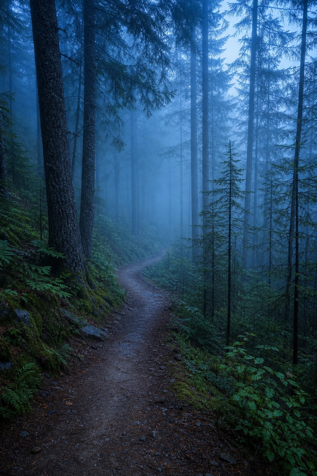 A narrow dirt path winding through a misty conifer forest at blue dawn.