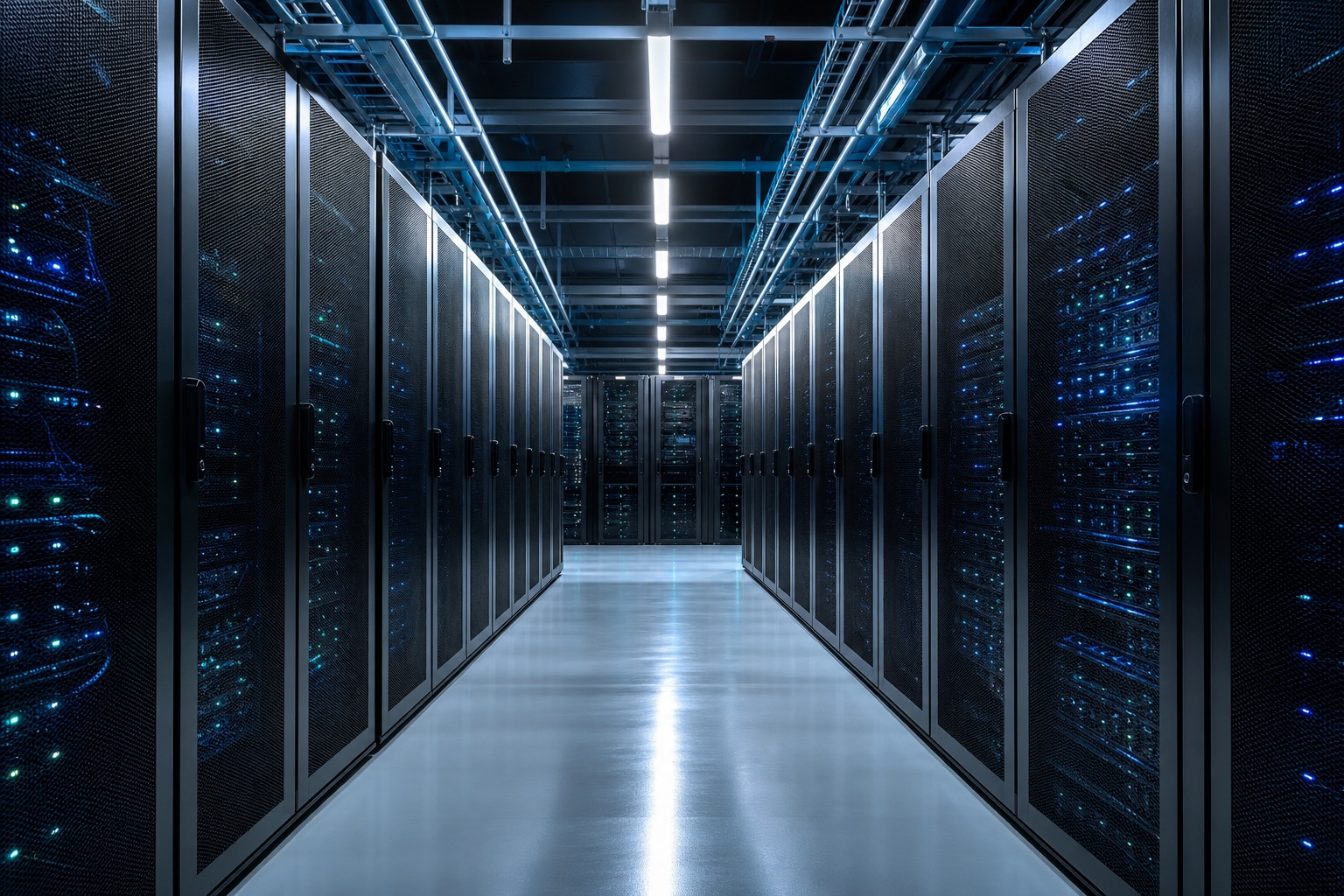 Long server room corridor with illuminated racks and bright overhead lights