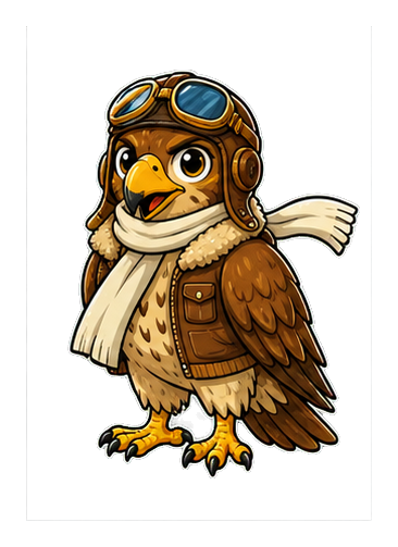 Cartoon hawk wearing aviator goggles, scarf, and a brown flight jacket.