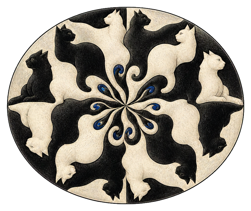 Black-and-white circular mosaic of cat shapes arranged in an optical illusion pattern