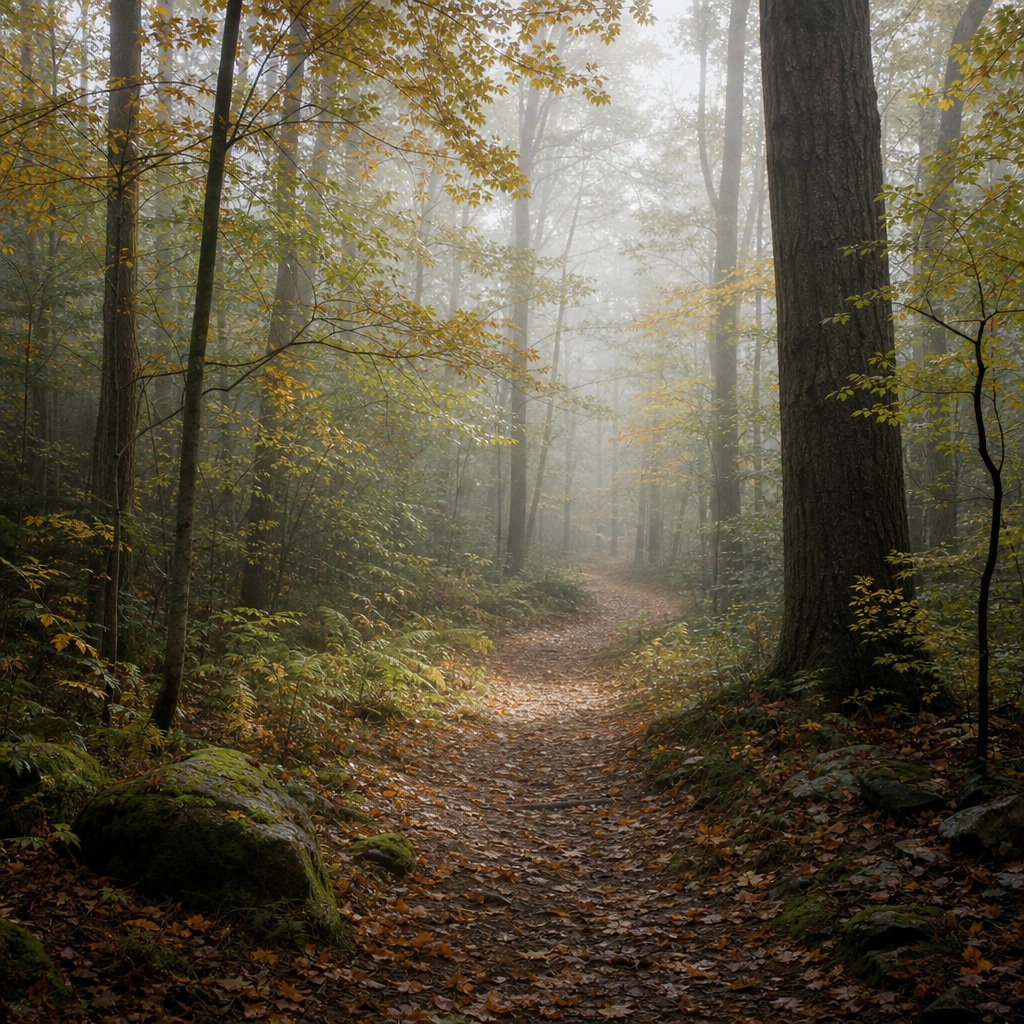 A misty forest path winding through tall trees with soft autumn light.