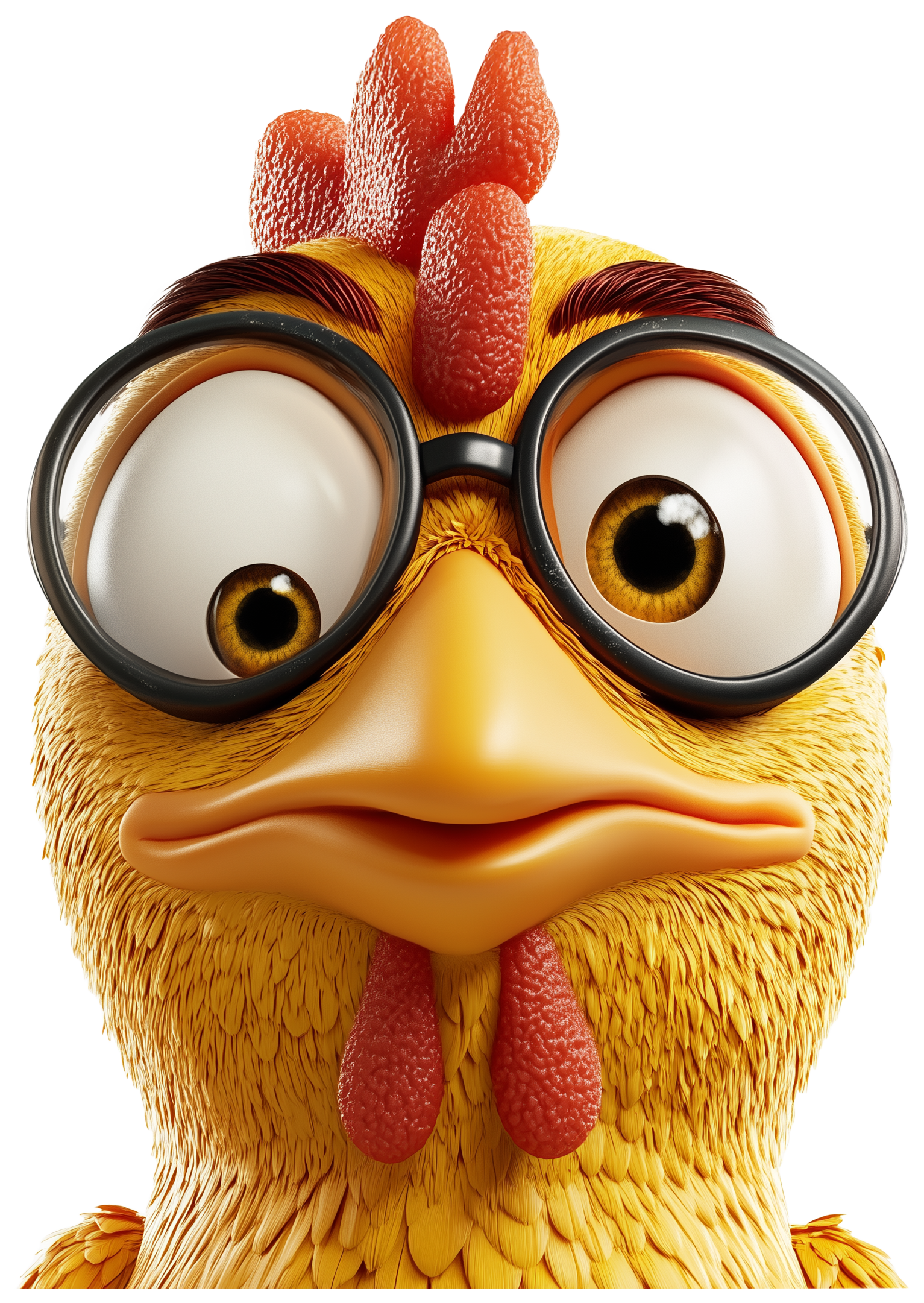 Cute 3D cartoon chicken with glasses and a surprised expression