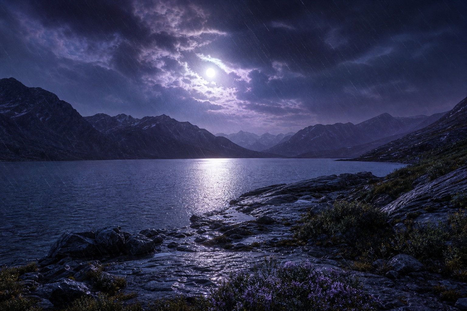 Moonlight reflecting across a wide shoreline beside a rainy mountain reservoir at night.