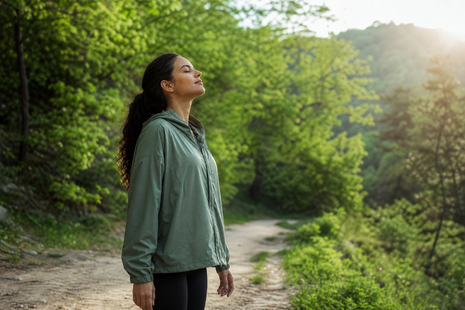 Woman standing on a forest path looking up among green trees.