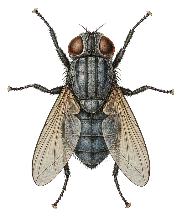 Vintage scientific illustration of a fly-like insect with detailed wings and body