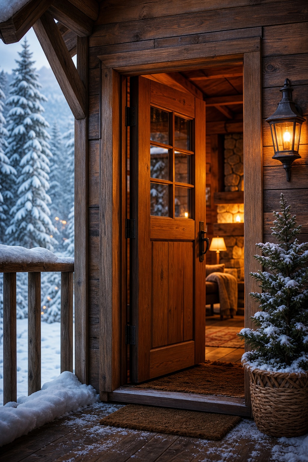 Open wooden cabin door beside a snowy porch with warm light glowing inside