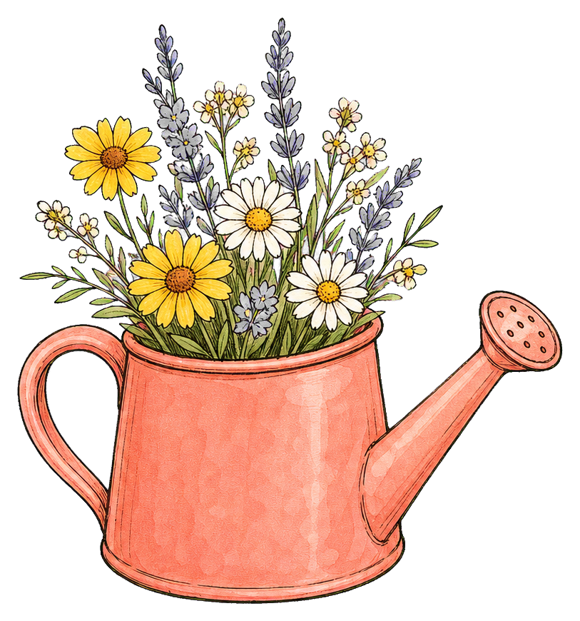 Orange watering can filled with yellow and white wildflowers