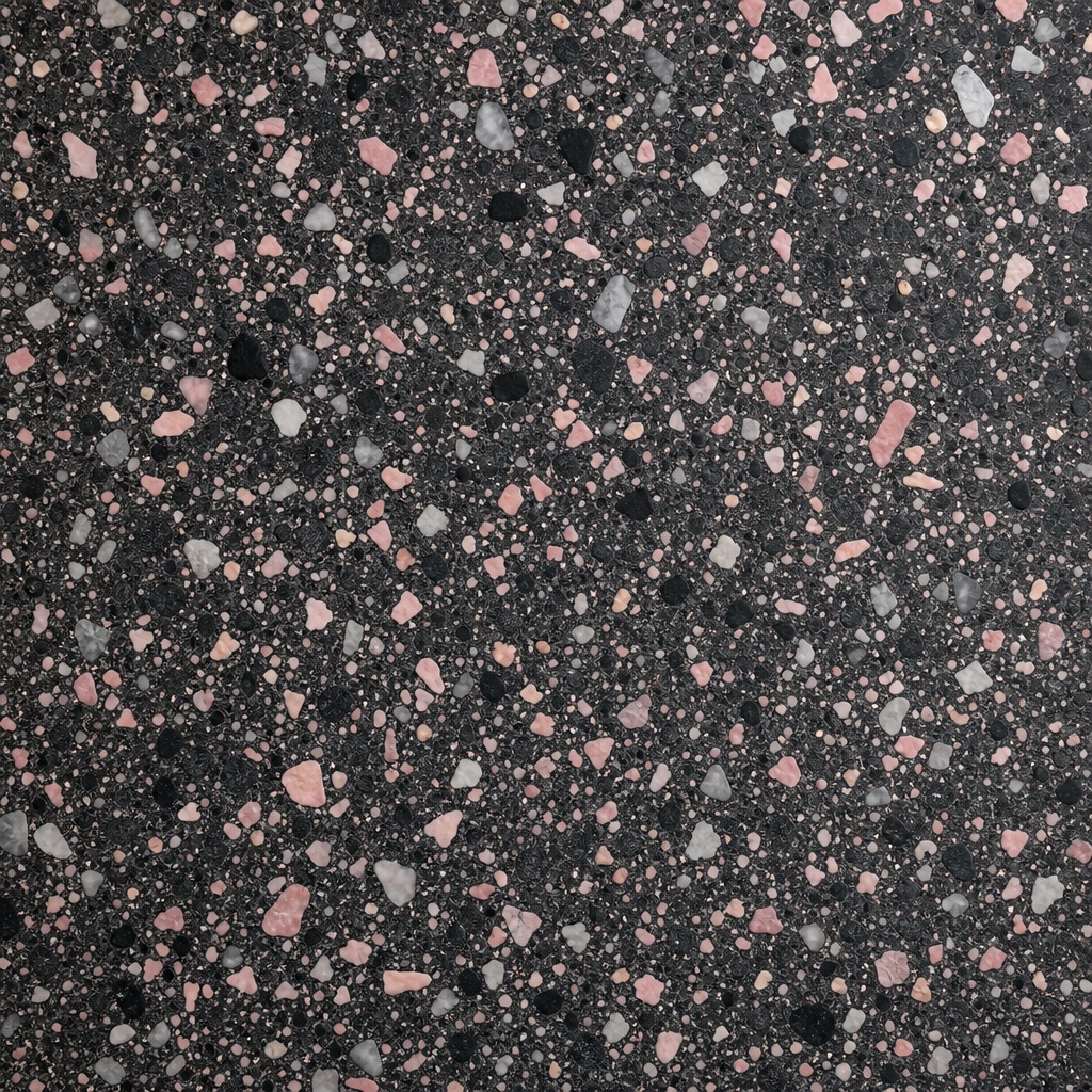 Black and pink terrazzo-style background with scattered colorful chips on a dark surface