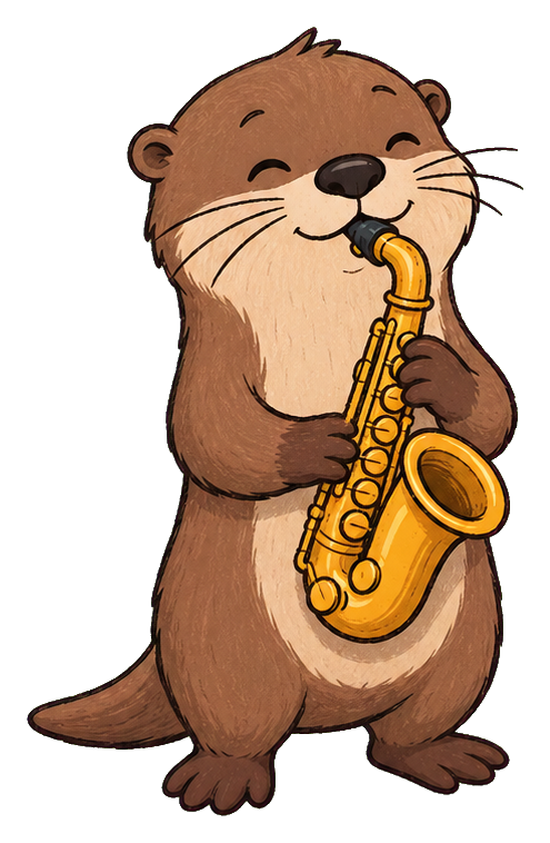 A smiling otter standing and playing a yellow saxophone.