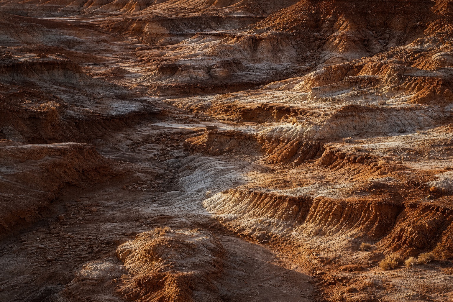 Copper-toned badlands canyon floor with layered erosion textures and ridged shadows