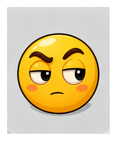 Yellow suspicious face with raised eyebrow and sideways glance on a dark background.